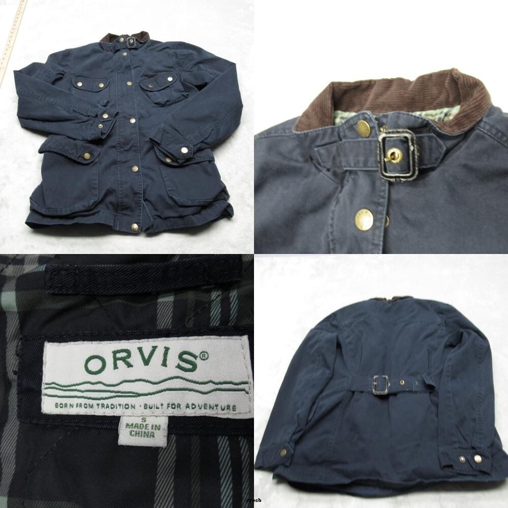 Orvis Field Jacket Womens Small Navy Chore Waxed Buckle Neck Cargo Utility VTG